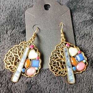 Elegant Gold Leaf Earrings with Multicolor Accents
